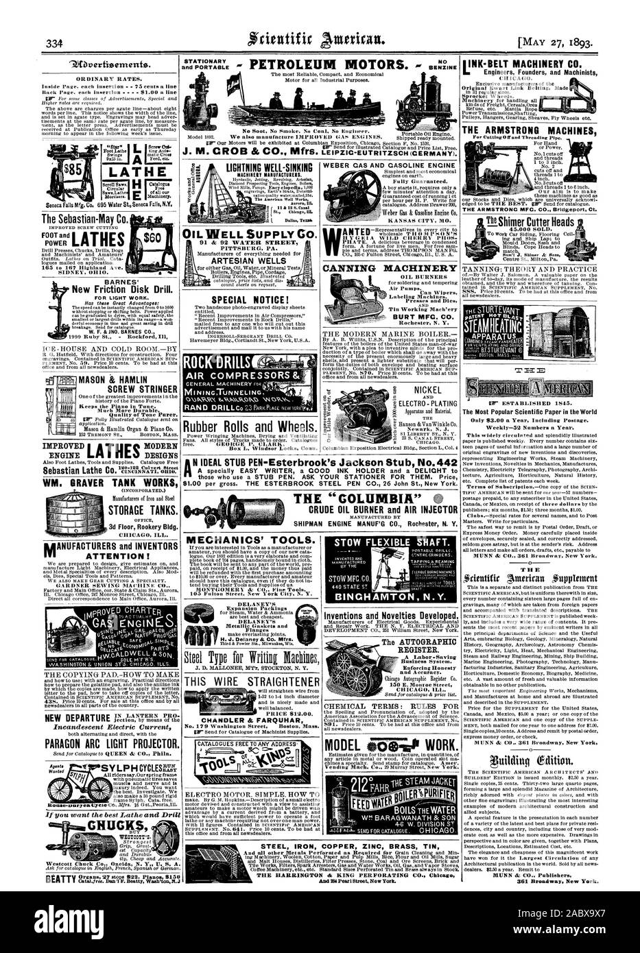 MASON & HAMLIN SCHRAUBE STRINGER LAGERTANKS. 3D-Stock Rookery Geb.. CHICAG KRANK. Die Hersteller von Eisen und Stahl Blitz gut TIEFBOHRGERÄTE HERSTELLER. Ausbau Dichtungen Flansche Preis: US $ 12,00. Eine besonders einfache Schriftsteller eine gute Tinte Halter und eine Freude t Wer ein Stub Stift verwenden. Fragen SIE IHREN PAPIERLADEN FÜR SIE. Preis US $ 1,00 pro Brutto. Die ESTERBROOK STAHL PEN CO. 26 Johannes St. New York. Die 'Columbia' STAHL EISEN KUPFER Zink Messing verzinnt DAS HARRINGTON es König PERFORIEREN CO Chicag 45.000 verkauft. Asset J. Shinty. Ai Sens, Scientific American, 1893-05-27 Stockfoto