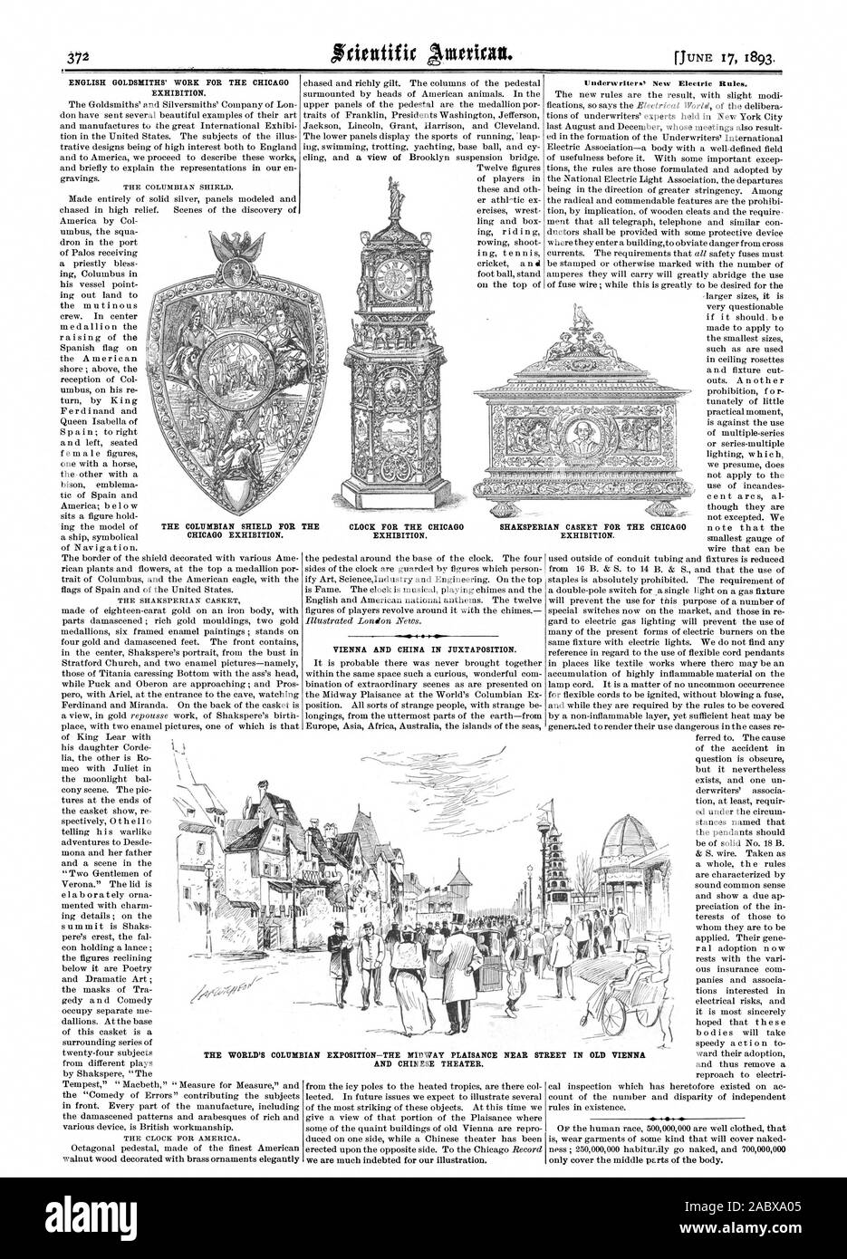 Englisch GOLDSCHMIEDE' ARBEITEN FÜR DIE CHICAG AUSSTELLUNG. Wien UND CHINA IN GEGENÜBERSTELLUNG. wir viel für unsere Abbildung verschuldet sind. Der KOLUMBIANER SCHIRM FÜR DIE CHICAGO AUSSTELLUNG. Uhr für die CHICAG AUSSTELLUNG. CHICAG SHAKSPERIAN SARG FÜR DIE AUSSTELLUNG. . 0 g i DER WELT COLUMBIAN EXPOSITION - DAS MIDWAY PLAISANCE IN DER NÄHE DER STRASSE IM ALTEN WIEN UND CHINESE THEATER., Scientific American, 1893-06-17 Stockfoto