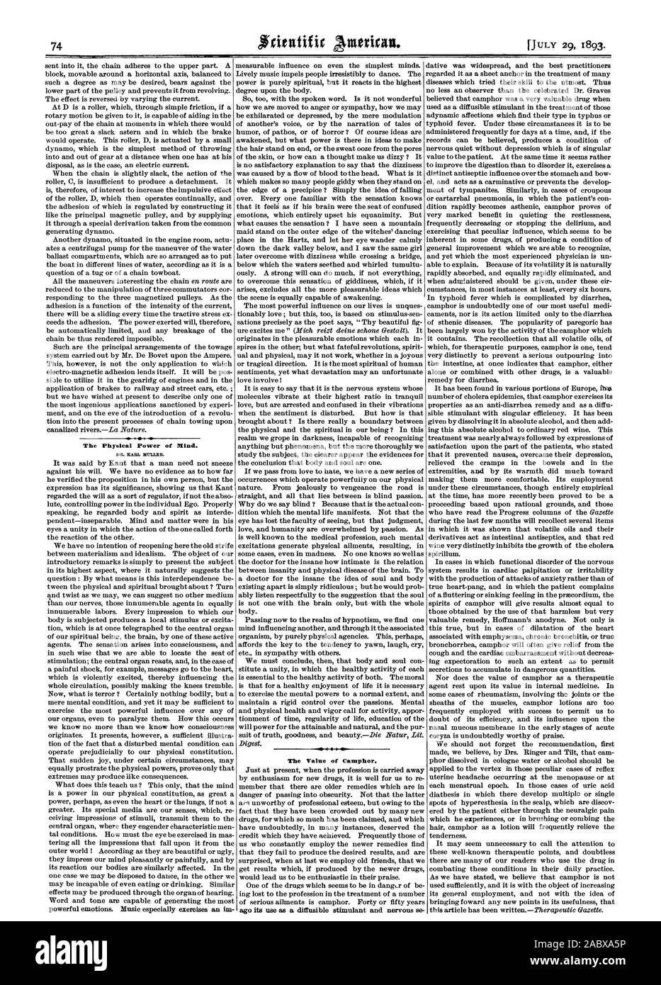Die Phyesleal Macht des Geistes. DR. KARL MÜLLER. Der Wert von Kampfer. Vor seiner Verwendung als frei diffundierbaren Stimulans und nervöse se, Scientific American, 1893-07-29 Stockfoto
