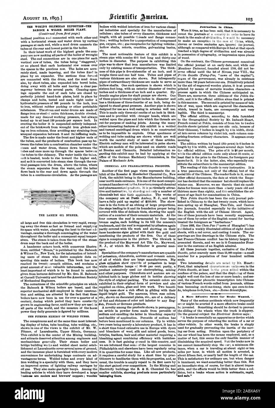 Der WORLD COLUMBIAN EXPOSITION - die Babcock & WILCOX KESSELANLAGE. Es gehört. Journalismus in China. lesbar sein. Die dritte ist, Manuskript. Eine effektivere Street Car Brake wollte. und Safe., Scientific American, 1893-08-12 Stockfoto