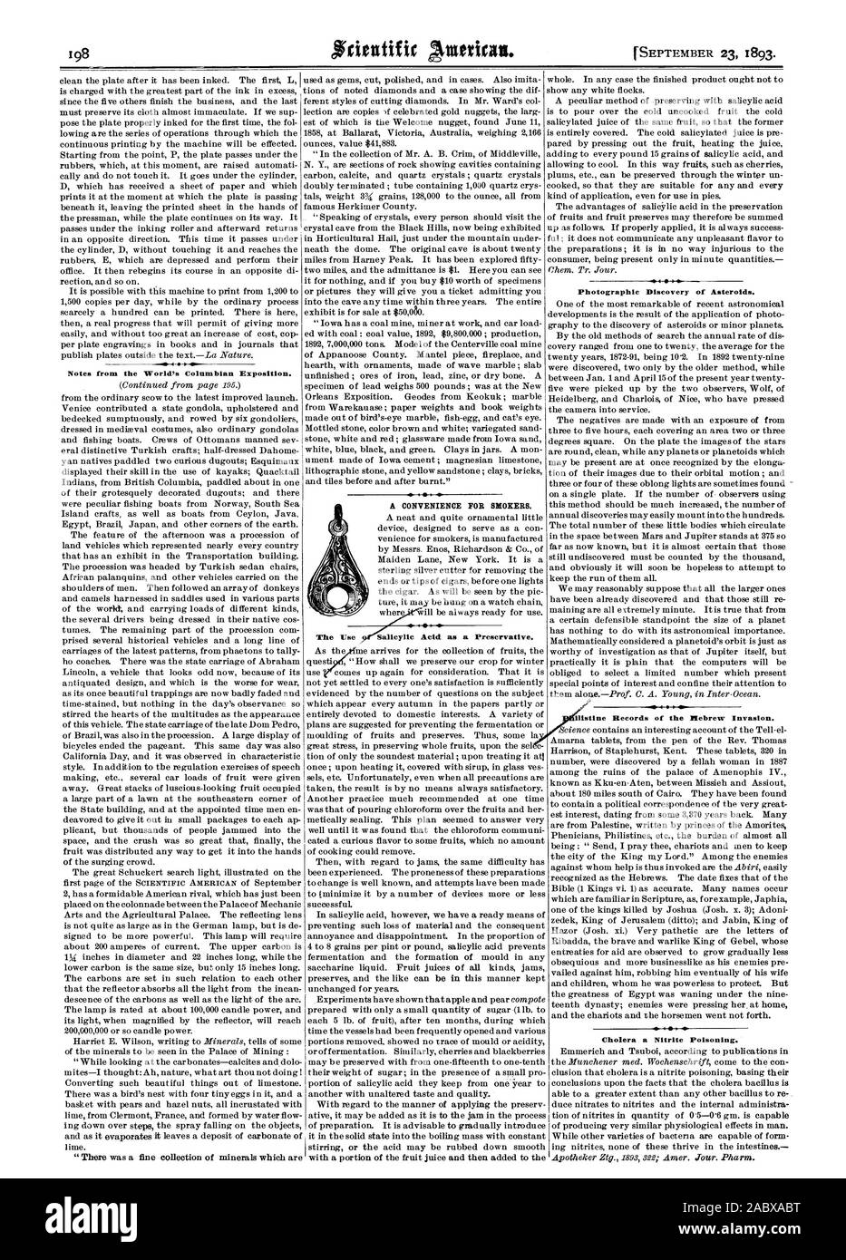 Notizen von Columbian Exposition der Welt. Eine Bequemlichkeit für Raucher. Fotographische Entdeckung des Asteroiden. listine Aufzeichnungen des Plebrew Invasion. Cholera eine Nitrit Vergiftung., Scientific American, 1893-09-23 Stockfoto