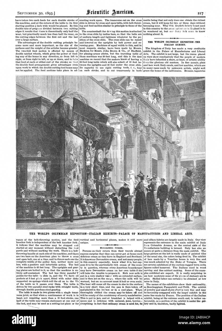 Der WORLD COLUMBIAN EXPOSITION - DIE ITALIENISCHE aufweisen. Der WORLD COLUMBIAN EXPOSITION - ITALIENISCHE Exponate - PALAST DER PRODUZIERT UND LIBERAL ARTS. Devonshire-sahne. lery und ist daher schlecht beleuchtet., Scientific American, 1893-09-30 Stockfoto