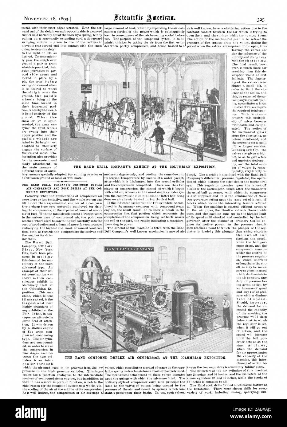 Der RAND BOHREN FIRMA ZUSAMMENGESETZTES DUPLEX LUFTKOMPRESSOR UND ROCK DRILLS IM COL UMBIAN EXPOSITION. Wie bekannt ist die Verdichtung von Luft entwickelt ein RAND BOHREN UNTERNEHMEN." DER RAND BOHREN UNTERNEHMEN AUSSTELLUNG AM COLUMBIAN EXPOSITION. Die RAND-COMPOUND DUPLEX LUFTKOMPRESSOR AM COLUMBIAN EXPOSITION., Scientific American, 1893-11-18 Stockfoto