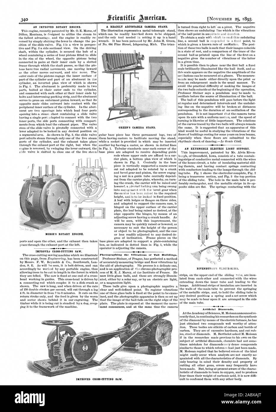 Eine verbesserte ROTARY ENGINE. Leicht einstellbare Kamera stehen. GREEN KAMERA STEHEN. Eine erweiterbare elektrisches Licht unterstützen. Der ItIVENBURGH ELECTROLIER. Künstliche Diamanten. MORSE VON ROTARY ENGINE. Verbesserte SEKTORÜBERGREIFENDE gesehen., Scientific American, 1893-11-25 Stockfoto