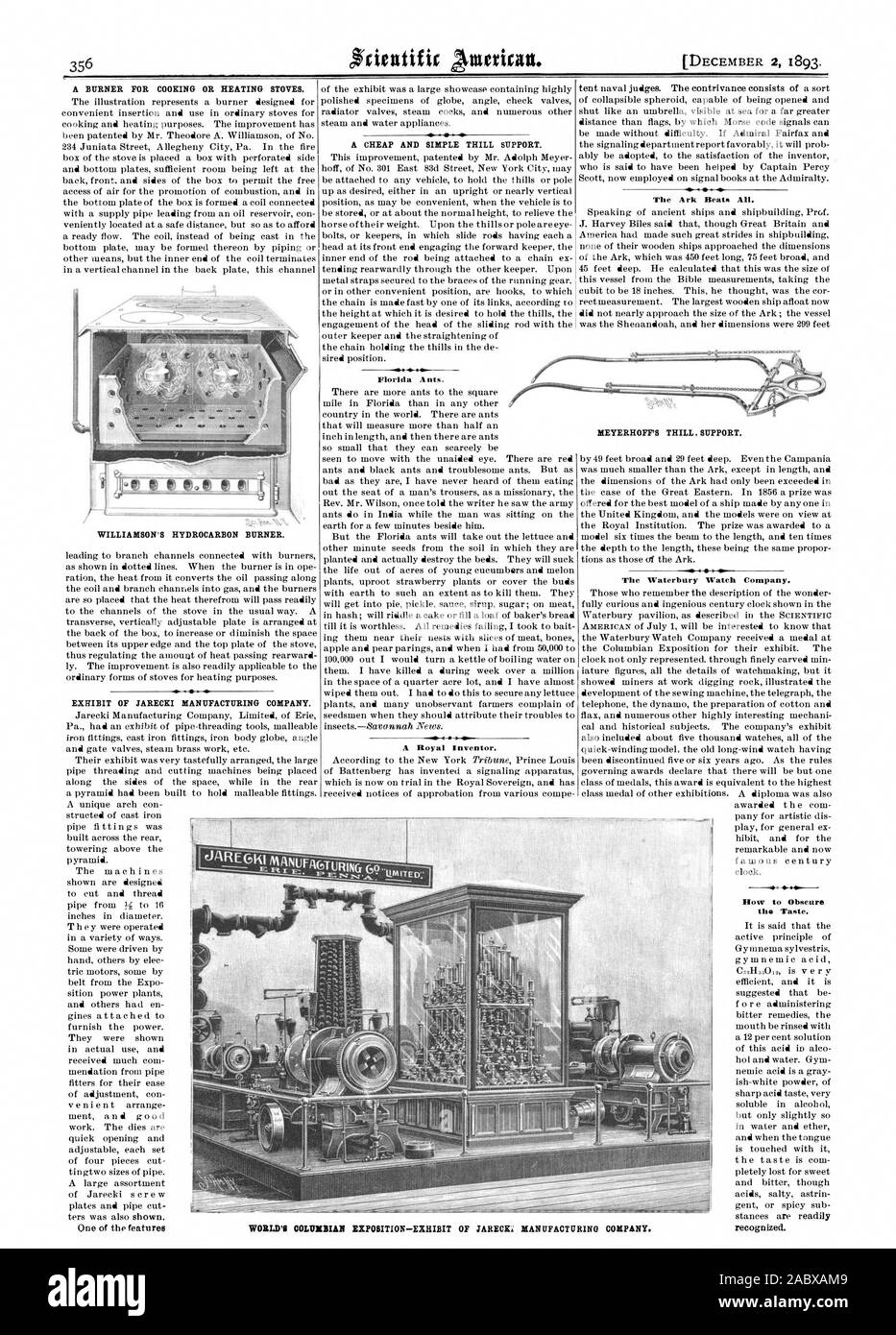 Ein Brenner für Kochen oder Heizen Kaminöfen. WILLIAMSON VON KOHLENWASSERSTOFF BRENNER. Ausstellung der JARECKI MANUFACTURING COMPANY. Eine günstige und einfache THILL unterstützen. Florida Ameisen. Eine königliche Erfinder. Die Lade schlägt Alle. Die waterbury Watch Company. Wie man den Geschmack verdecken. Meyerhoffs THILL. SUPPORT., Scientific American, 1893-12-02 Stockfoto