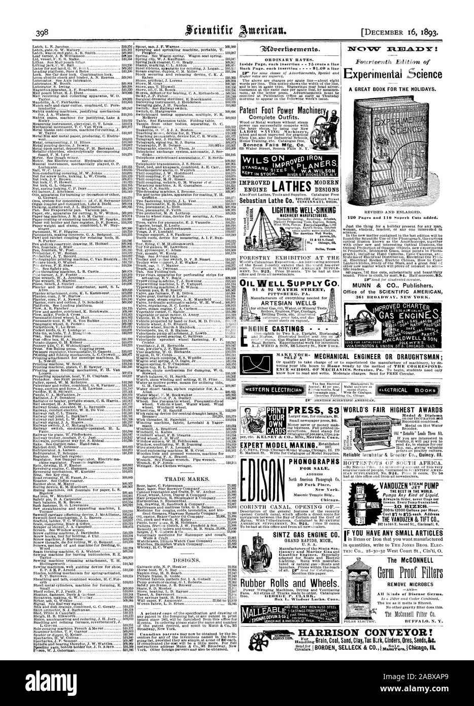 Brutapparat Co Quincy III. VANDUZEN s: 57 'Pumpe die VANDUZEN & TIFT CO.AT C) 101 t 1 = L! Die experimentelle Wissenschaft 9 Jibrertioements. Patent Fuß macht Maschinen komplette Outfits. Arbeitssparende Maschinen STANDARD Größen w.A. witsoN WILSON VERBESSERT BLITZ GUT SINKENDE PITTSBURG. PA. Artesische Brunnen NGINE CASTINGS DRÜCKEN SIE $ 3 EXPERTE MODELLBAU HARRISON FÖRDERBAND, Scientific American, 1893-12-16 Stockfoto