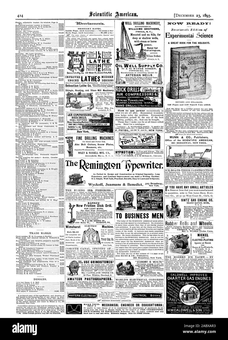 DESIGNS HOBBYFOTOGRAFEN. Machen WILLIAMS BROTHERS für Katalog senden. Öl gut SUPPLY CO. 91 & 92 WATER STREET artesischen Brunnen ZU BUSINESS MEN 361 Broadway New York. Wenn SIE IRGENDWELCHE KLEINEN ARTIKEL SINTZ GAS ENGINE CO GRAND RAPIDS 23.38.39. Drehbank ROCK DRILLS -. Kohle FRÄSER DIE INGERSOLL: SERGEANT BOHREN NewYork. BARNES' neue Reibscheibe Bohren. Für leichte Arbeiten. W. F. & JNO. BARNES CO KOMPRESSOREN & GF L1 Gummi Rollen und Räder. sig NICKEL FEIN BOHRMASCHINEN WILEY & RUSSELL MFG. Co.emingtcnTpewiiter. Verbesserte Halle Schreibmaschine MASCHINENBAUINGENIEUR ODER ZEICHNER, ENCE SCHULE DER MECHANIK Stockfoto