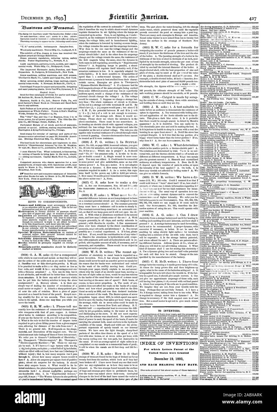 Die Erfinder Index Der Erfindungen, Für Die Buchstaben Patent In Den Vereinigten  Staaten Gewährt Wurden Und Jede Aufzucht., Scientific American, 1893-12-30  Stockfotografie - Alamy
