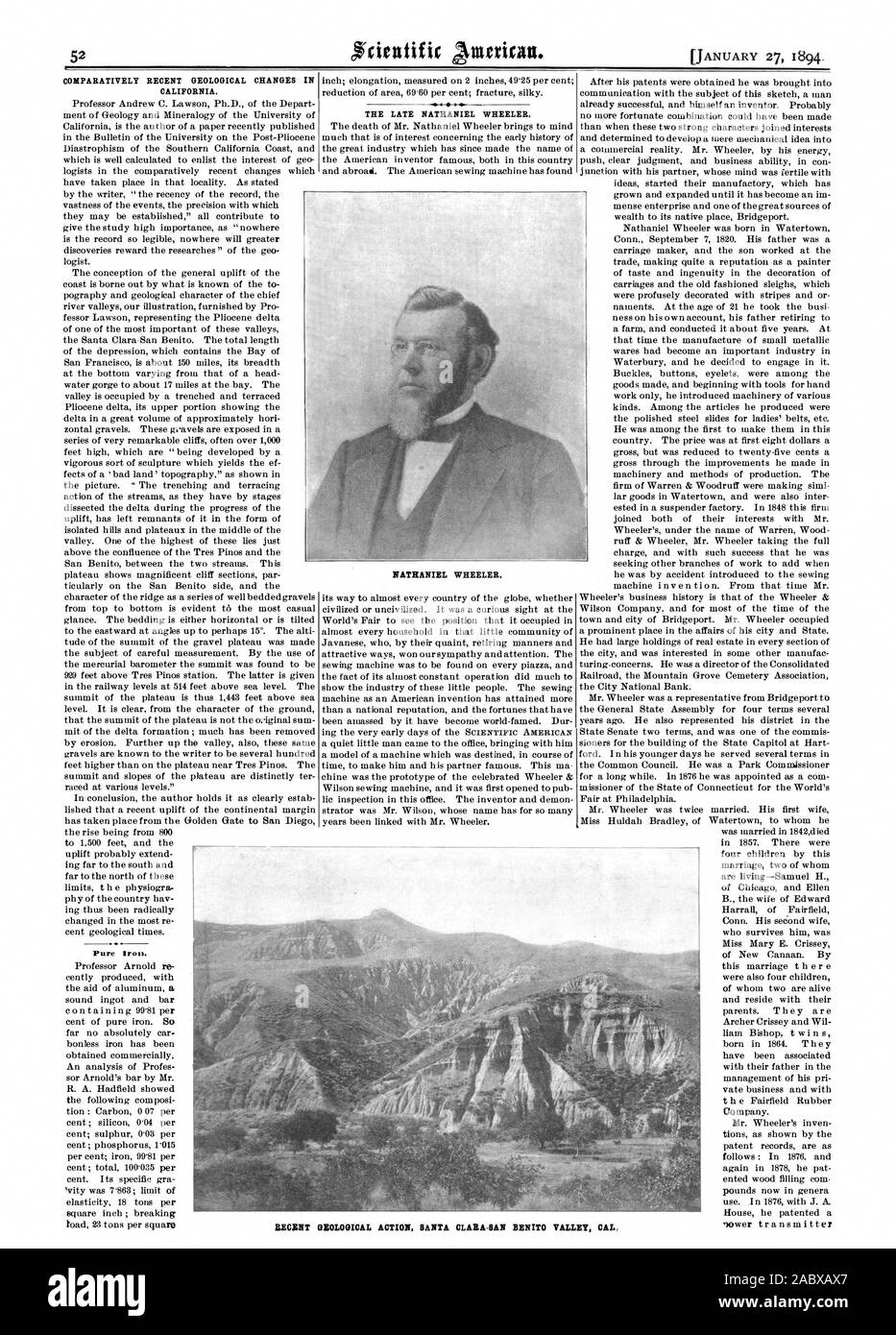 Vergleichsweise jüngeren geologischen Veränderungen in Kalifornien. Reines Eisen. Ende der NATHANIEL WHEELER. NATHANIEL WHEELER. ZECENT GEOLOGISCHE AKTION SANTA CLARA - SAN BENITO TAL CAL. nower Sender, Scientific American, 1894-01-27 Stockfoto
