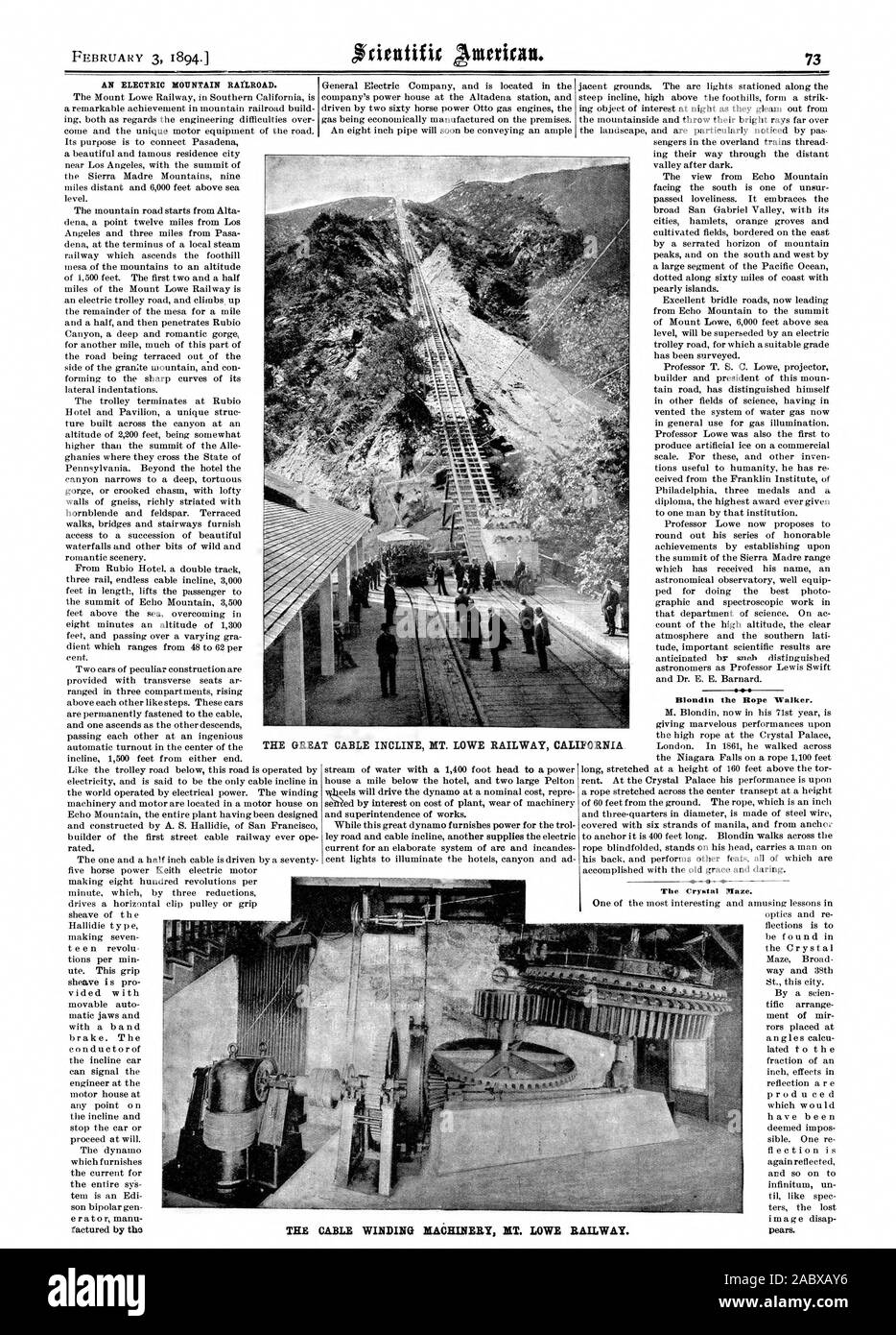 Eine elektrische MOUNTAIN RAILROAD. Blondin das Seil Walker die Crystal Maze. Das große KABEL NEIGUNG MT. LOWE EISENBAHN KALIFORNIEN DIE KABEL WICKELMASCHINEN MT. LOWE RAILWAY., Scientific American, 1894-02-03 Stockfoto