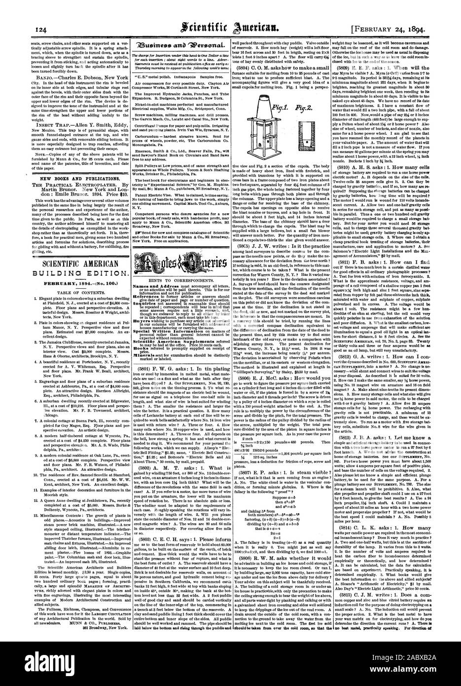 Neue BÜCHER UND PUBLIKATIONEN. Gebäude EDITION. 'Z 3 usinegas ein 'WersonaL., Scientific American, 1894-02-11 Stockfoto