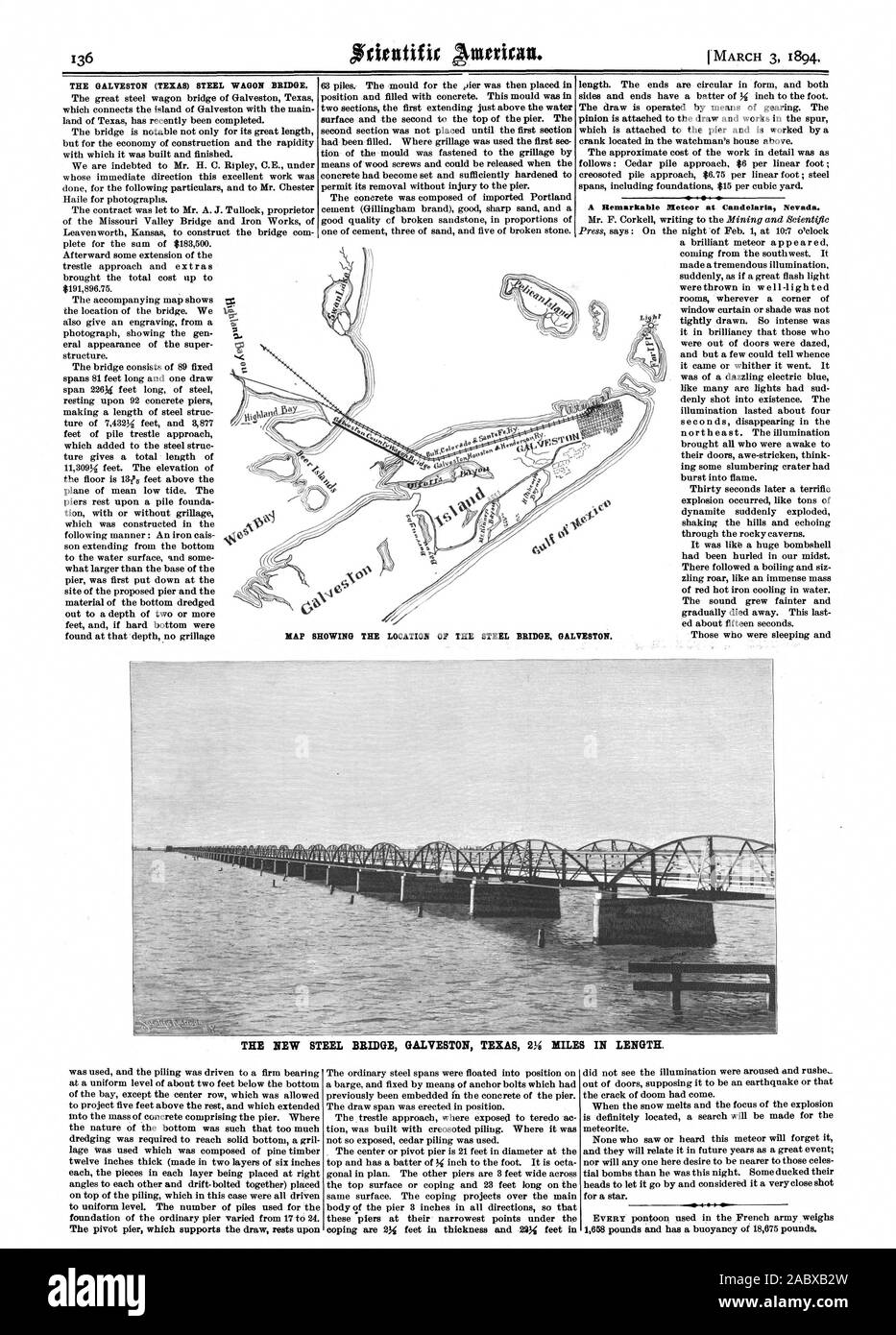 Die Galveston (Texas) STAHL WAGEN BRÜCKE. Eine bemerkenswerte Meteor bei Candelaria Nevada. Karte MIT DER LAGE DER STAHLBRÜCKE. GALVESTON. Die neue STAHLBRÜCKE GALVESTON TEXAS VI Meilen in der Länge. Ich, Scientific American, 1894-03-03 Stockfoto