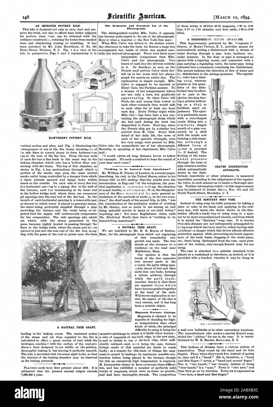 Eine verbesserte TÖPFEROFEN. Die romantische und praktische Nutzung des Phonographen. 'Nichts von den Amerikanern zu Lernen." EINE NATÜRLICHE BAUM GRAFT. Magnesia Ofenauskleidungen. Ein Desinfektionsmittel mischen. Die SANITÄREN SEIFE VASE. "Zwei Männer eine Hand und ersten Finger." "weißdorn TÖPFEROFEN. GRAVES' DESINFEKTION APPARATE., Scientific American, 1894-03-10 Stockfoto