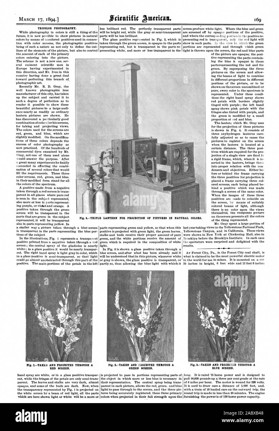 März 17 1894.1 TRICOLOR FOTOGRAFIE. Abb. 4 TRIPLE LANTERN für die Projektion der Bilder in natürlichen Farben. Abb. ITAKEN PROJIZIERT UND DURCH EINEN ROTEN BILDSCHIRM. die hier hell oder weiß dargestellt sind mehr oder Bild. 2 ÜBERNOMMEN UND DURCH EINEN grünen Bildschirm projiziert. Blauer Bildschirm., Scientific American, 94-03-17 Stockfoto