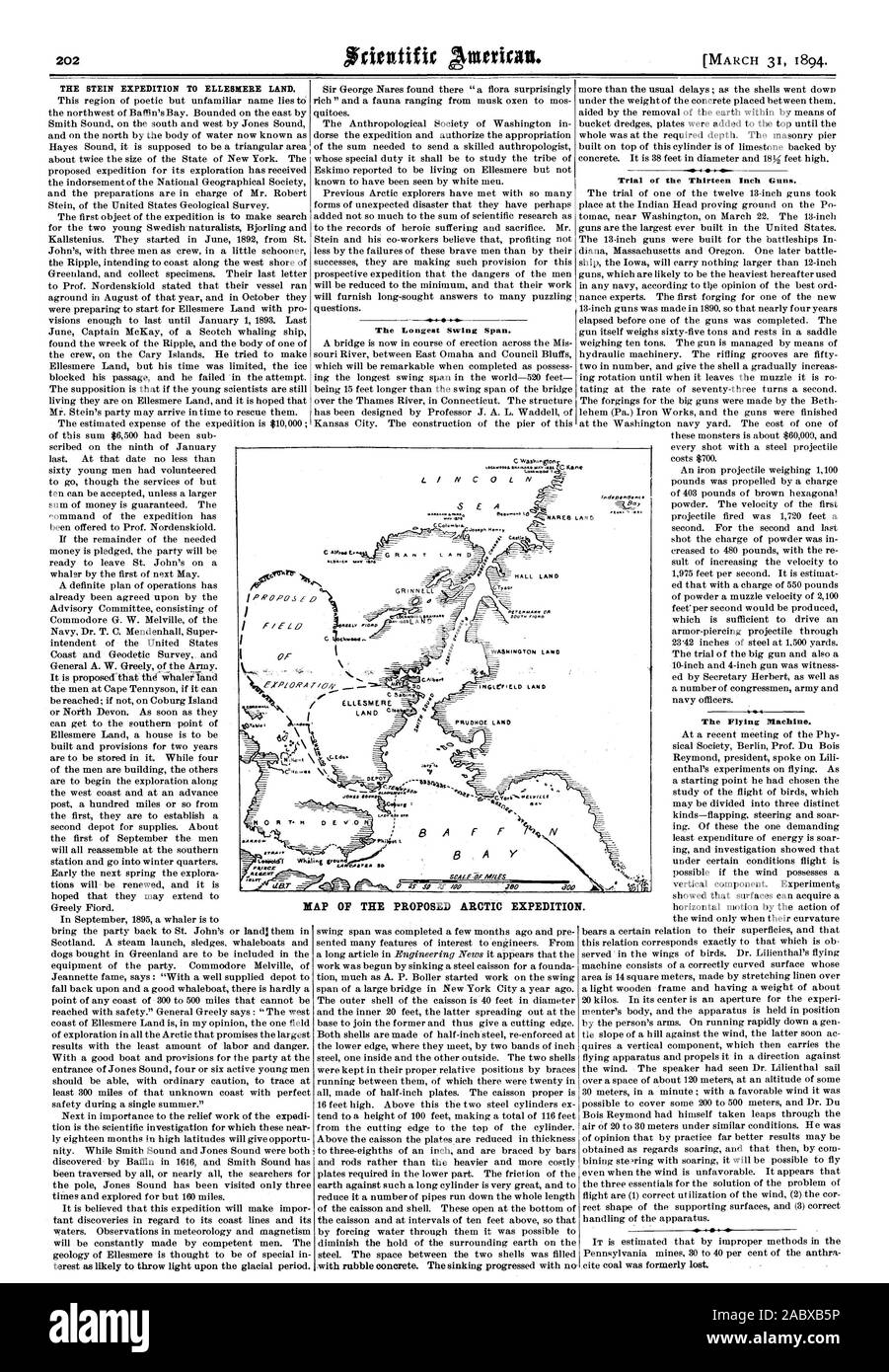 ALiAMM US 4041 HALL LAND so. G WASHINGTON LAND PRUDHOE LAND Versuch der 13 Zoll Waffen. GRANT LAND zehn GRINNELL C ELLESMERE LAND CI 0 E.0 N OARROW 3D v EIT KARTE DER VORGESCHLAGENEN ARKTIS EXPEDITION., Scientific American, 1894-03-31 Stockfoto