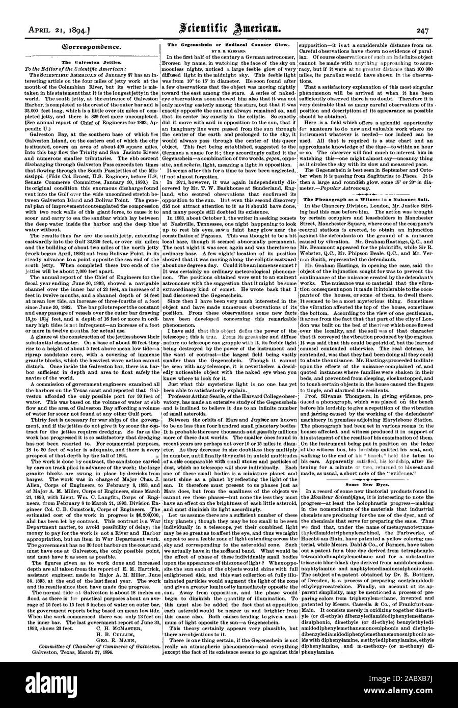Die galveston Jetties. Den Gegenschein oder Tierkreiszeichen Counter Glühen. Durch E.E. BARNARD. o, Scientific American, 1894-04-21 Stockfoto