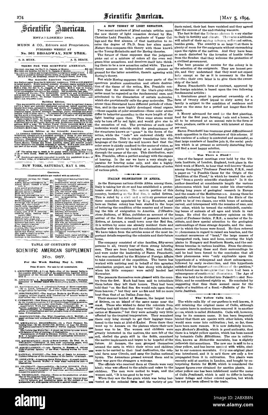 Veröffentlicht wöchentlich AUF BEDINGUNGEN FÜR DEN Scientific American. Inhalt. SCIENTIFIC AMERICAN SUPPLEMENT Nr. - 957. Für die Woche Ende 5 1894 Mai. Blendet16802 itoidamitha 'Kunst mit besonderem Bezug zu den alten Zeiten 162 M EINE NEUE THEORIE DES LICHTS SENSATION. Italienischen KOLONISIERUNG IN AFRIKA. Schinken gibt es eine Flut? Die gelbe Calla lily., 1894-05-05 Stockfoto