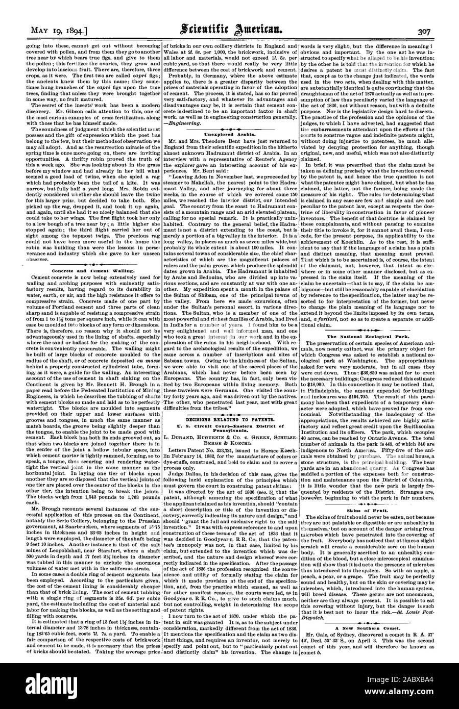 Unerforscht Arabien. Entscheidungen in Bezug auf die Patente. Us Circuit Court - Eastern District von Pennsylvania. Die National Zoological Park. Felle von Obst. Eine neue südliche Comet. Beton und Zement Walling., Scientific American, 1894-05-19 Stockfoto
