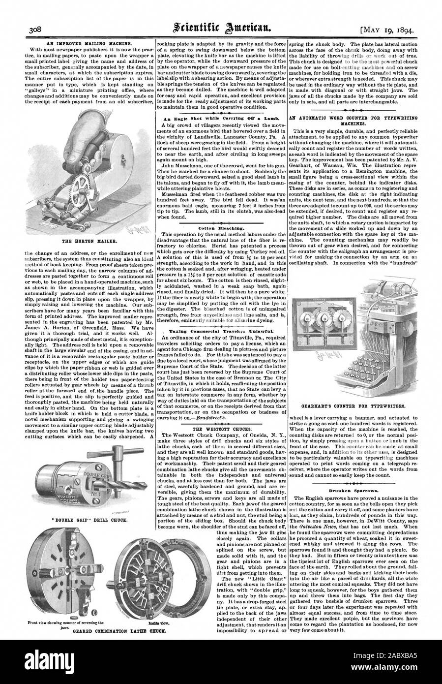 Eine verbesserte FRANKIERMASCHINE. 'Double-GRIP' BOHRFUTTER. Ein Adler Schoß beim Tragen Sie ein Lamm. Baumwolle Bleichen. Besteuerung von Geschäftsreisenden rechtswidrig. Die WESTCOTT CHUCKS. Eine automatische WORT ZÄHLER FÜR MASCHINENSCHREIBEN MASCHINEN. Betrunkene Sperlinge.   Die HORTON MAILER. Ausgerichtete KOMBINATION DREHBANKFUTTER. GEARHART DER ZÄHLER FÜR SCHREIBMASCHINEN., Scientific American, 1894-05-19 Stockfoto