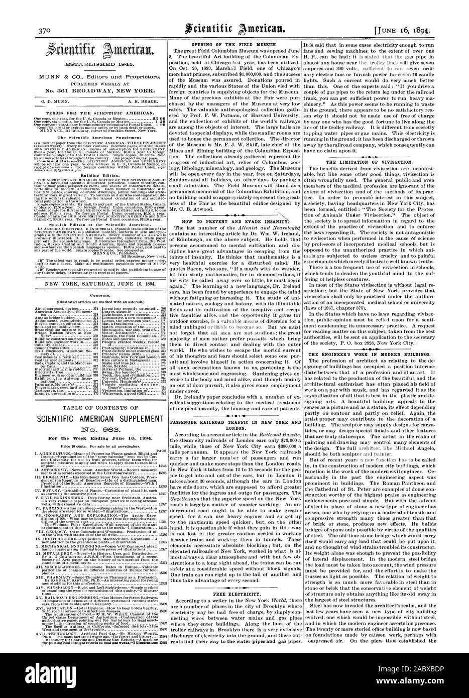 Woche bis zum 16. Juni 1894. Seite ERÖFFNUNG DES FIELD MUSEUM. Wie ZU VERHINDERN UND WAHNSINN ENTZIEHEN: PASSAGIER EISENBAHN VERKEHR IN NEW YORK UND LONDON. Freie Elektrizität. Die Begrenzung der Vivisektion. Der TECHNIKER DIE ARBEIT IN modernen Gebäuden., Scientific American, 1894-06-16 Stockfoto