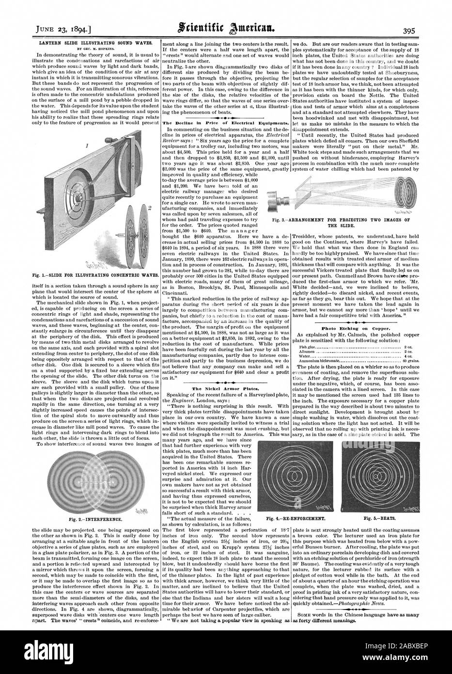 Laterne Folie illustriert Schallwellen. Von OHO. M. HOPKINS. Beim Nachweis der Theorie der Sound ist es üblich t veranschaulichen die Verdichtungen und rarefactions von Luft der Rückgang der Preis von elektrischen Ausrüstungen. Die Nickel Panzerplatten. Foto Radierung auf Kupfer. Abb. SA RRANGEMENT für die Projektion von ZWEI BILDER VON DER FOLIE. Abb. 4 AW - VOLLSTRECKUNG Abb. 5 Beats., Scientific American, 1894-06-23 Stockfoto