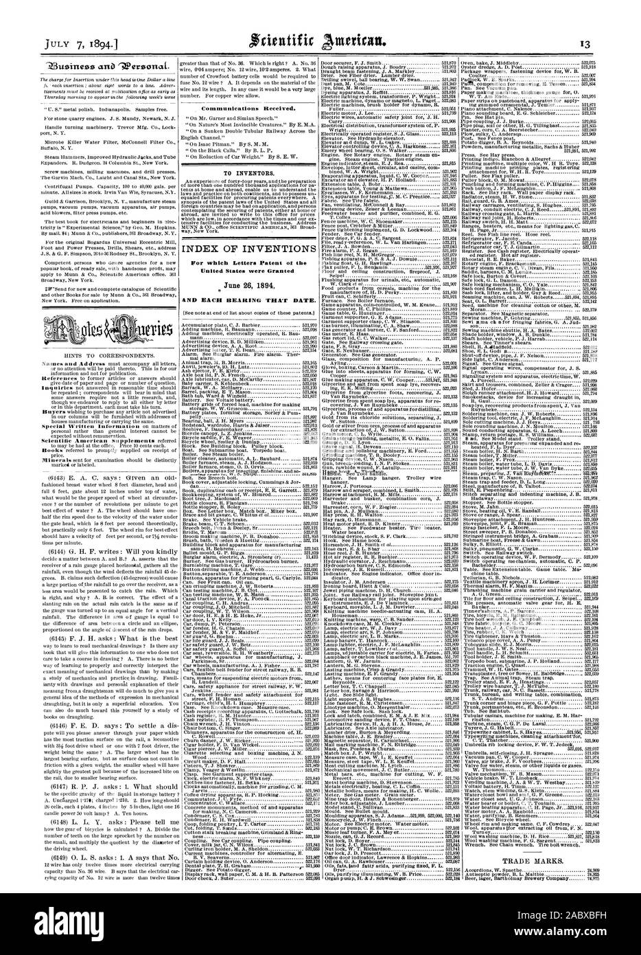 INDEX DER ERFINDUNGEN, für die Patentschriften ot in den Vereinigten Staaten am 26. Juni 1894 gewährt wurden, Scientific American, 1894-07-07 Stockfoto