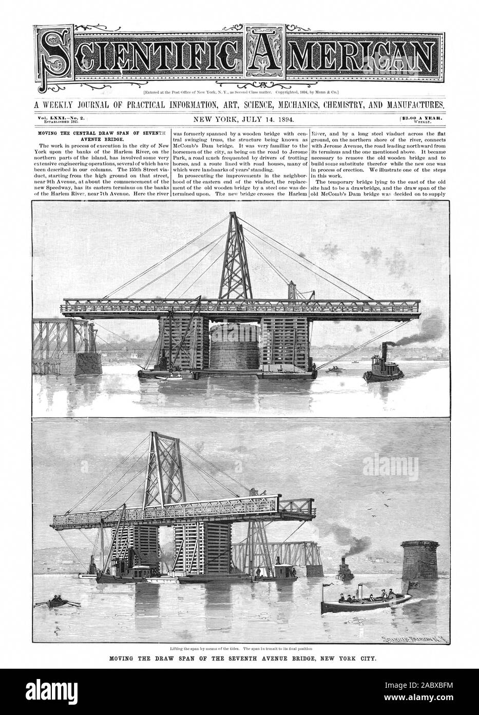 Eine wöchentliche JOITRNAL PRAKTISCHE INFORMATIONEN KUNST WISSENSCHAFT MECHANIK CHEMIE UND PRODUZIERT. R $ 3,00 pro Jahr. Wöchentlich. Verschieben der zentralen zeichnen Spannweite von Seventh Avenue Bridge. Verschieben der ZEICHNEN SPANNWEITE DER SEVENTH AVENUE BRIDGE NEW YORK CITY., Scientific American, 1894-07-14 Stockfoto