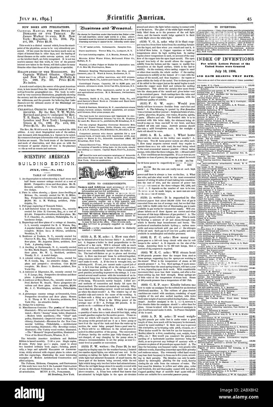 Neue BÜCHER UND PUBLIKATIONEN. SCIENTIFIC AMERICAN GEBÄUDE EDITION. Juli 1894.- (Nr. 105.) PA FÜR ERFINDER. INDEX DER ERFINDUNGEN, für die Patentschriften Kinderbett in den Vereinigten Staaten gewährt wurden am 10. Juli 1894 und jedes Lager, dass Datum., 1894-07-21 Stockfoto