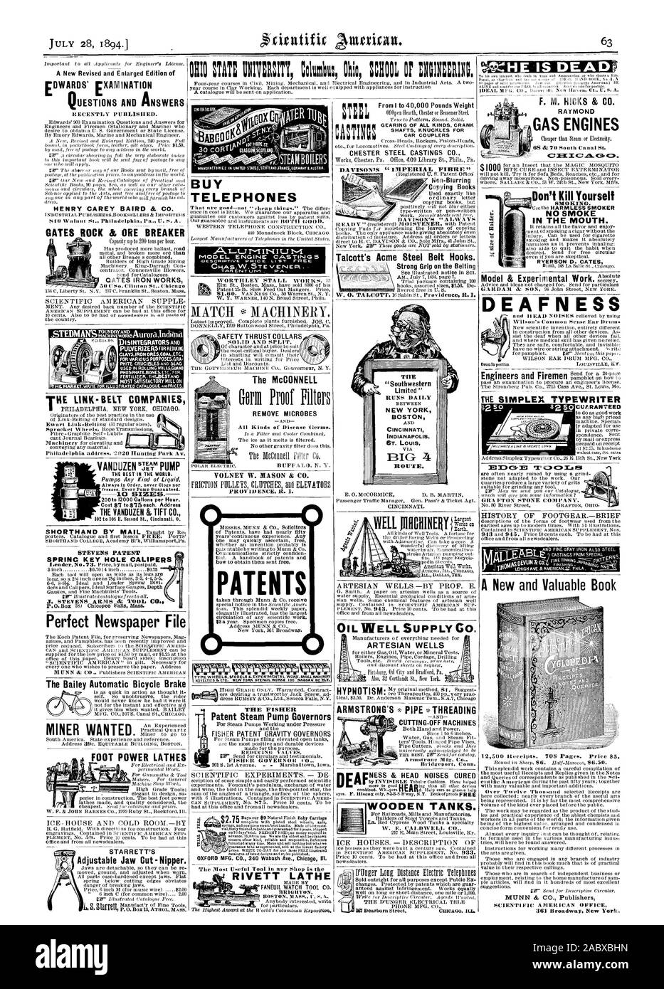 So erhalten Sie kostenlos verschickt. Patente Adresse MUNN & Co New York 361 Broadway. Minderen kaufen Telefone gut 0 INERYI HOLZ- TANKS. Tel. MFG. Co.RAYMOND GASMOTOREN 3E-I I IC 43-. Nicht töten Selbst rauchen. Kein Rauch IM MUND. lung der Zigarre ohne die harmlos, wie es verhindert Einatmen: M E'X'C 7.10 C 7.101. Stein nicht zur Arbeit angepasst. Unsere GRA ETON STEIN Firma, Scientific American, 1894-07-28 Stockfoto