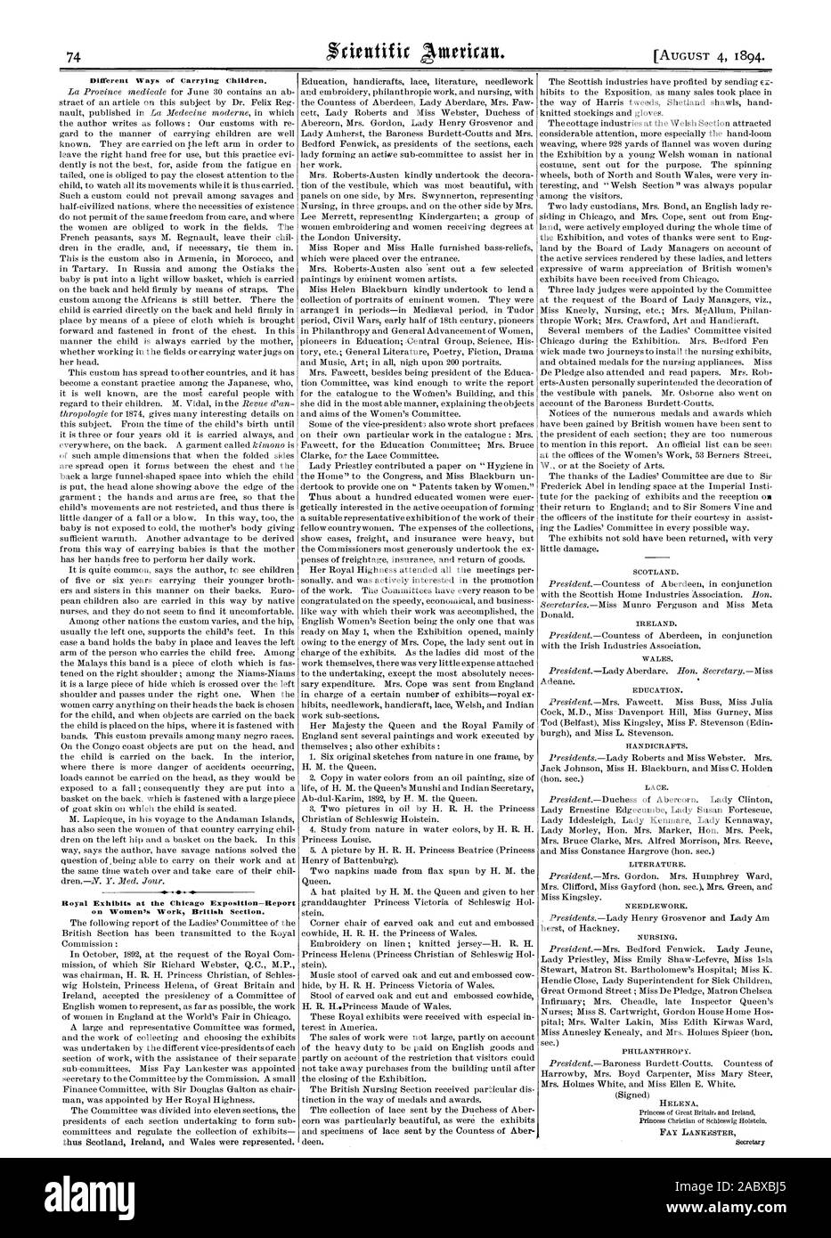 Verschiedene Möglichkeiten, die Kinder. Royal Exponate auf der Chicago Ausstellung - Bericht über die Arbeit der Frauen britische Sektion. Irland. WALES. Bildung. Kunsthandwerk. Spitze. Literatur. Handarbeit. Philanthropie. HELENA., Scientific American, 1894-08-04 Stockfoto
