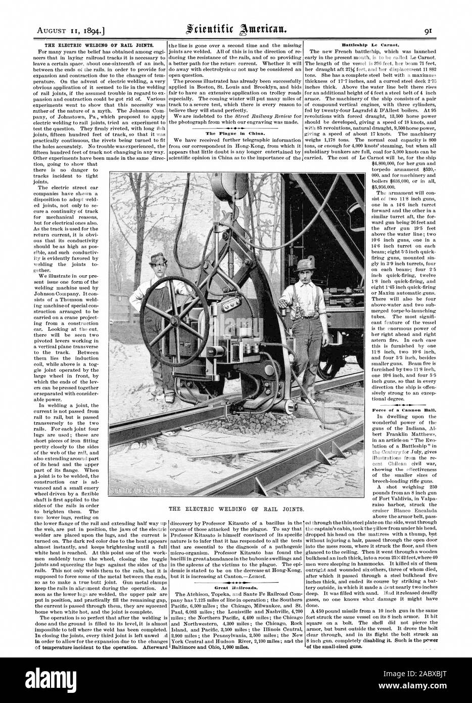 Die elektrische SCHWEISSARBEITEN DER GELENKE. Die Pest in China. 4 Große Eisenbahnen. Baltimore und Ohi 1000 Meilen. Schlachtschiff Le Carnot. Kraft eines Cannon Ball. Der kleine Waffen., Scientific American, 1894-08-11 Stockfoto