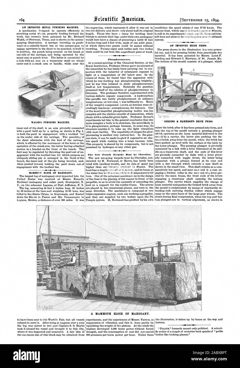 Eine verbesserte METALL STANZMASCHINE. Walshs STANZMASCHINE. Mammut BLOCK aus Mahagoni. Phosphoreszenz. Die neue Französische Torpedoboot Le Chevalier. Eine verbesserte BRICK DRÜCKEN. GERDING & HARRISON'S BRICK, Scientific American, 94-09-15 Stockfoto