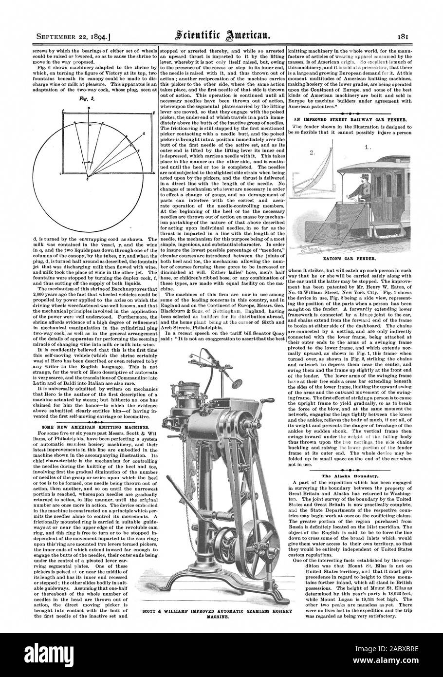 WILLIAMS' verbesserte automatische Strümpfen und Socken ohne Maschine.  Einige neue amerikanische STRICKMASCHINEN. Das Alaska Boundary. Eine  verbesserte STREET BAHNHOF AUTO KOTFLÜGEL. EATON'S AUTO KOTFLÜGEL.,  Scientific American, 1894-09-22 ...