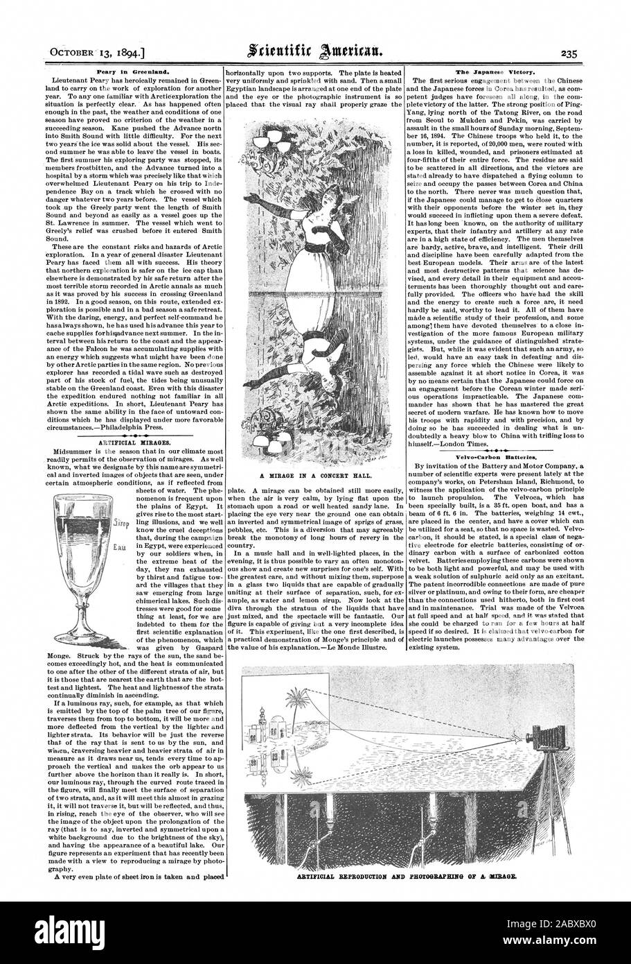 Oktober '13 18941 Peary in Grönland. Künstliche LUFTSPIEGELUNGEN. Eine FATA MORGANA IN EINEM KONZERTSAAL. Der japanische Sieg. Velvo-Carbon Batterien., Scientific American, 1894-10-13 Stockfoto