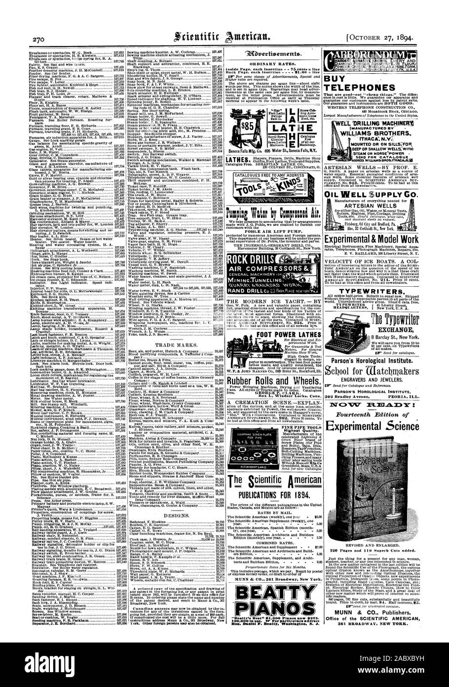 9.0 KAUFEN TELEFONE ARBORUNDUM GESTEINSBOHRHÄMMER AIR CO MPR-E SSCTR § ein Fuß-Drehmaschinen Gummi Rollen und Räder der Scientific American Publikationen für 1894. Hon. Daniel F. Beatty. Washington N. J. BOHREN gut IMACHINERM MONTIERT ODER AUF SCHWELLER; für 7 - tief oder flach; wELLD WiTie artesischen Brunnen Experimentelle & Modell Arbeit SCHREIBMASCHINEN. EXCHANGE Parson's Uhrmacherischen Institut. Graveure und Goldschmiede. Jetzt experimentelle Wissenschaft 361 BROADWAY NEW YORK. Drehbank KATALOGE GRATIS zu jeder Adresse nol, 1894-10-27 Stockfoto