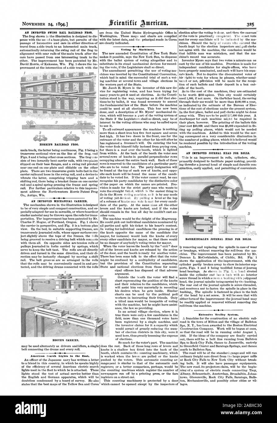 24. NOVEMBER 1894. Ein verbessertes Schwingen Eisenbahn Eisenbahn Frosch. MORRIE'S RAILROAD Frosch. Eine verbesserte mechanische Träger. Die Stimmabgabe durch Maschinen. Ein verbessertes Journal Kopf für Brötchen. NeCORKINDALE'S JOURNAL KOPF FÜR BRÖTCHEN. Umfangreiche Trolley System. Amerikanische Suche Licht im Osten. HOGUE DES FRACHTFÜHRERS., Scientific American, 1894-11-24 Stockfoto