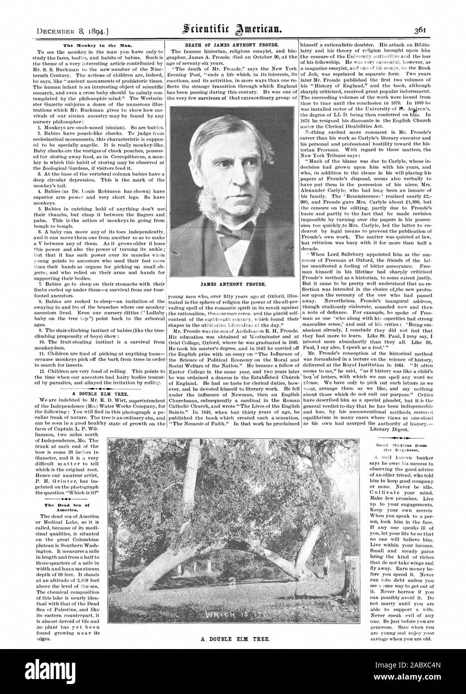 Der Affe im Menschen. Eine doppelte ULME. Tod von James Anthony FROUDE. JAMES ANTHONY FROUDE. Eine doppelte ULME. Amerika. Gute Maximen aus der Keystone., Scientific American, 1894-12-08 Stockfoto