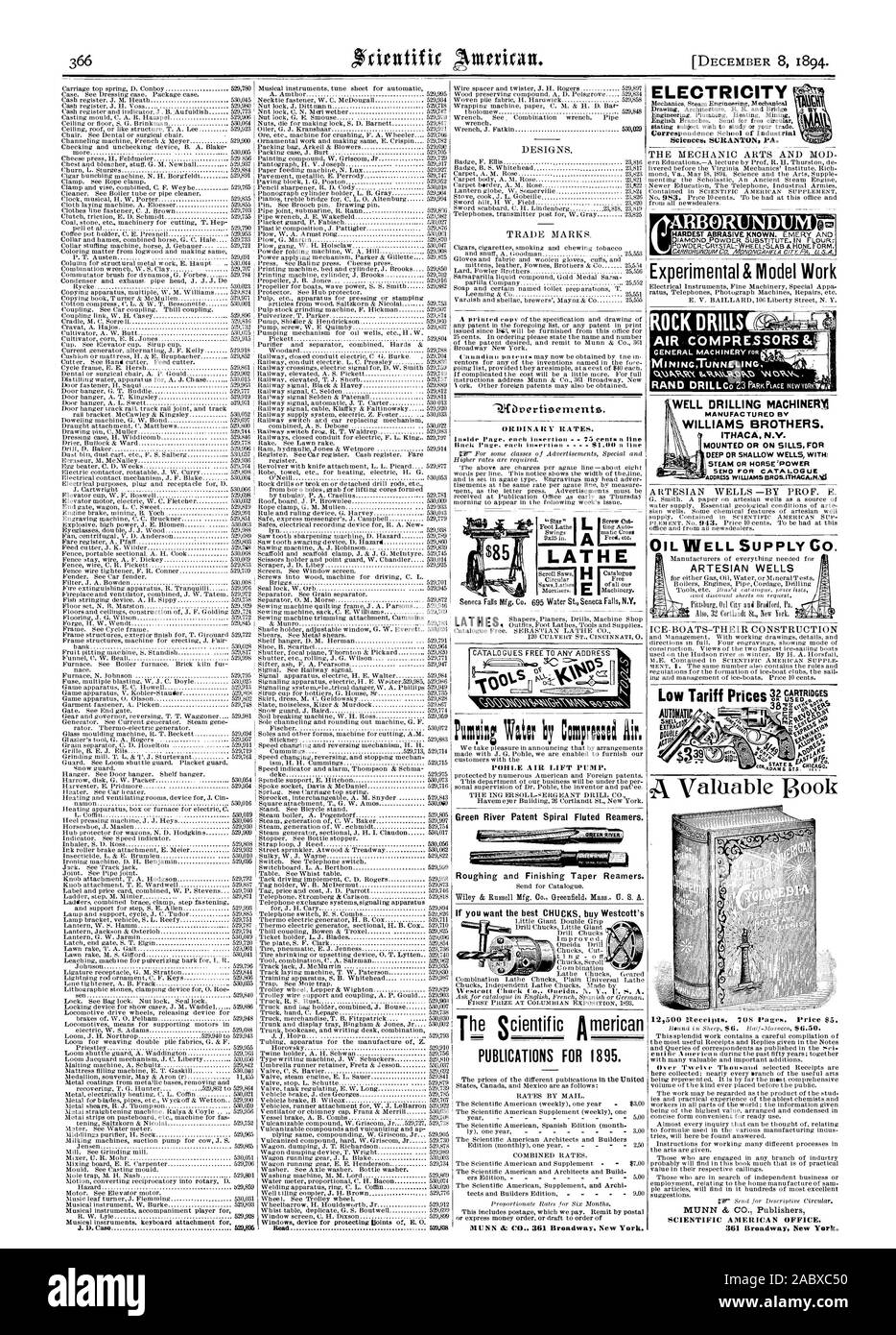 Drehbank POHLE AIR LIFT PUMPE Green River Patent Spirale kannelierten Reibahlen. Strom Korrespondenz Schule der Industriellen Wissenschaften. SCRANTON FA. Bohren gut MACHINERM ÖL GUT SUPPLY CO. artesischen Brunnen SCIENTIFIC AMERICAN OFFICE GESTEINSBOHRHÄMMER WILLIAMS BROTHERS ITHACA N.V. Montiert ODER AUF SCHWELLER FÜR TIEFE ODER FLACHE BRUNNEN WITZ SENDEN FÜR KATALOG Adresse WILUAMS BRO5.1TMACA. MA Niedertarif Preise automatisch 5 Di DOLIBL PUBLIKATIONEN für das Jahr 1895. MUNN EIN: CO 361 Broadway New York., 1894-12-08 Stockfoto