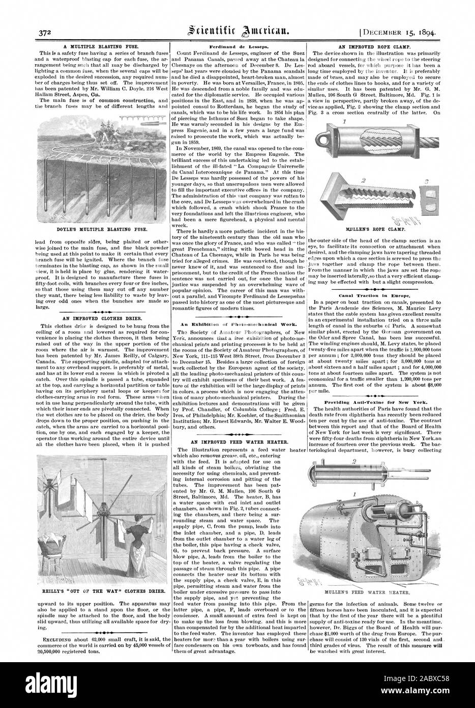 Ferdinand De Lesseps. Eine Ausstellung der Foto - mechanische Arbeiten. Eine verbesserte FEED WARMWASSERBEREITER. Eine verbesserte SEILKLEMME. BLULLEN der SEILKLEMME. Canal Traktion in Europa. Die Anti-Toxine für New York. Eine verbesserte WÄSCHETROCKNER. REILLY'S "AUS DEM WEG" WÄSCHETROCKNER. MULLEN'S FEED WARMWASSERBEREITER., Scientific American, 1894-12-15 Stockfoto