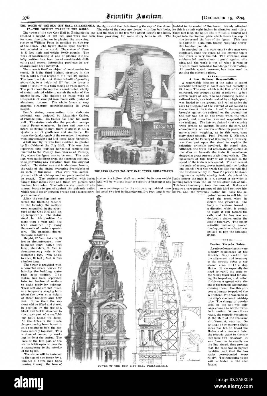 Die PENN STATUE für RATHAUSTURM PHILADELPHIA. Der TURM DES NEUEN RATHAUSES PHILADELPHIA PATHE ERHABENSTEN STATUE IN DER WELT. 4 Eine neue Verantwortung. Prüfung Torpedorohre. Zukunft. Turm DES NEUEN RATHAUSES PHILADELPHIA., Scientific American, 1894-12-15 Stockfoto