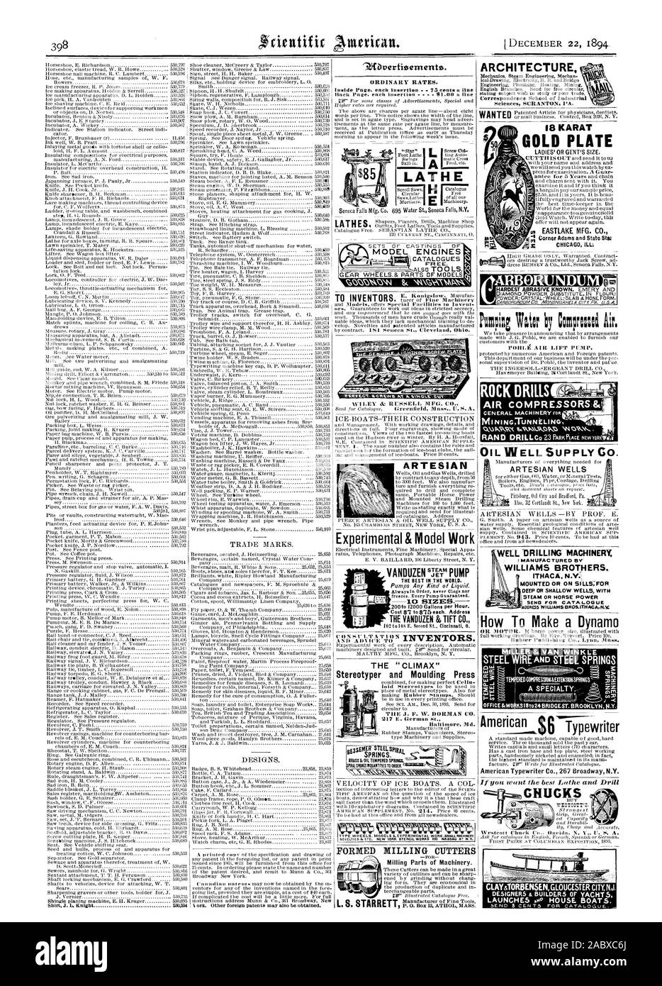 Drehbank der 'Höhepunkt' Stereotypeur und Formteil Presse ROCK DRILLS KOMPRESSOREN artesischen Brunnen Bohren gut Maschinen. Hergestellt von WILLIAMS BROTHERS ITHAKA. N.V. Montiert ODER AUF SCHWELLER: für tiefe oder flache BRUNNEN MIT DAMPF ODER PFERD macht, wie man eine Dynam MIL ER&VAN' WINK LE ARTESISCHEN Experimentelle & Modell arbeiten die VANDUZEN & TIFT CO. GEBILDET FRÄSER ARCHITEKTUR 18 karat Ton & TORBENSENGLOUCESTER CITYN. J., Scientific American, 1894-12-22 Stockfoto