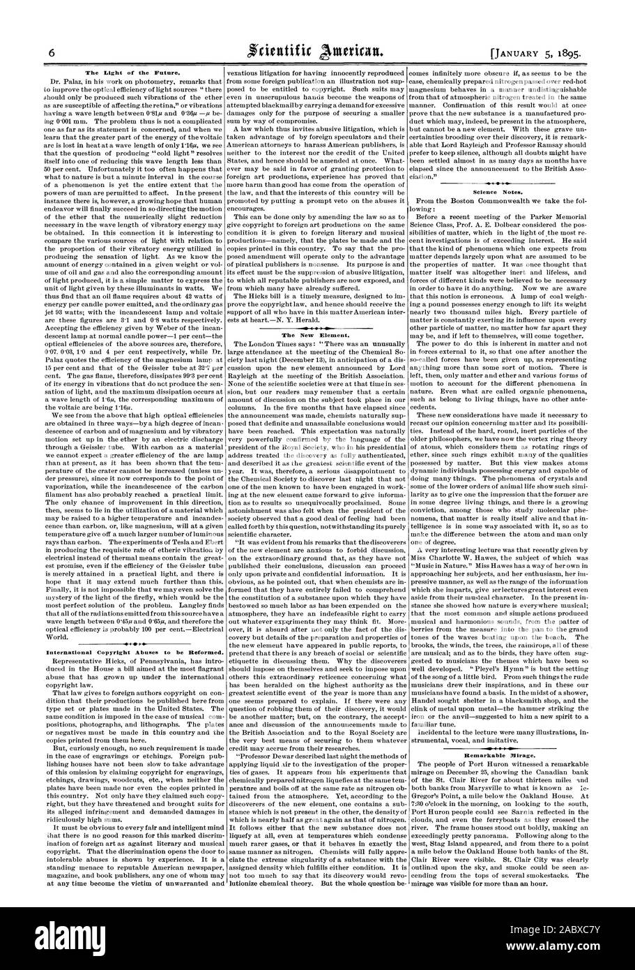 Das Licht der Zukunft. Internationalen Urheberrechts Missbräuche reformiert werden. Das neue Element. Wissenschaft Notizen. Bemerkenswerte Mirage., Scientific American, 1895-01-05 Stockfoto