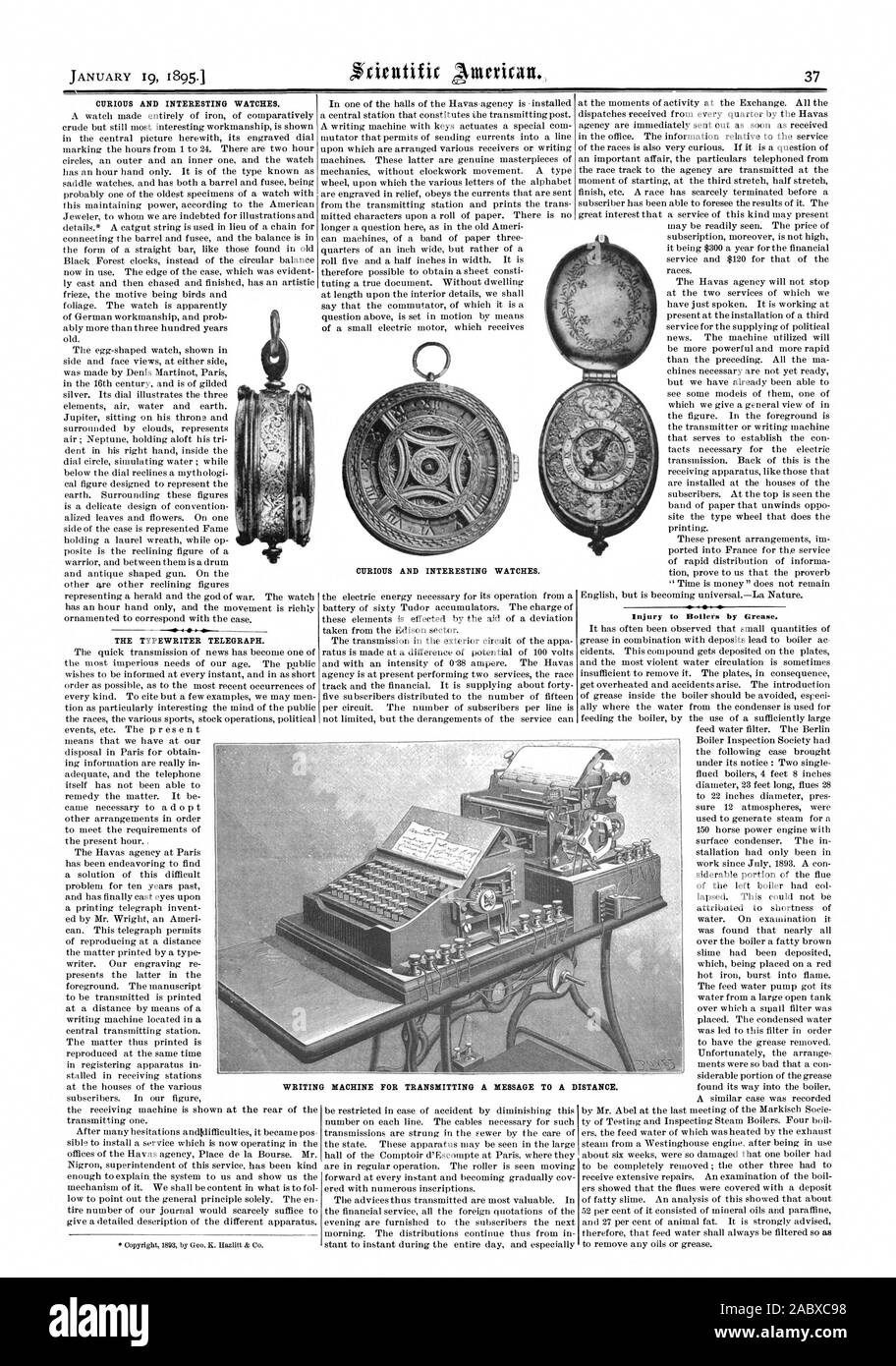 MMIL NEUGIERIG UND INTERESSANTE UHREN. Die Schreibmaschine Telegraph. Neugierig und interessante Uhren. Verletzung von Heizkesseln mit Fett schmieren. Schreiben MASCHINE FÜR DAS SENDEN EINER NACHRICHT AN EINEN ABSTAND. Copyright 1893 von Geo. K.'Italia & Co., Scientific American, 1895-01-19 Stockfoto