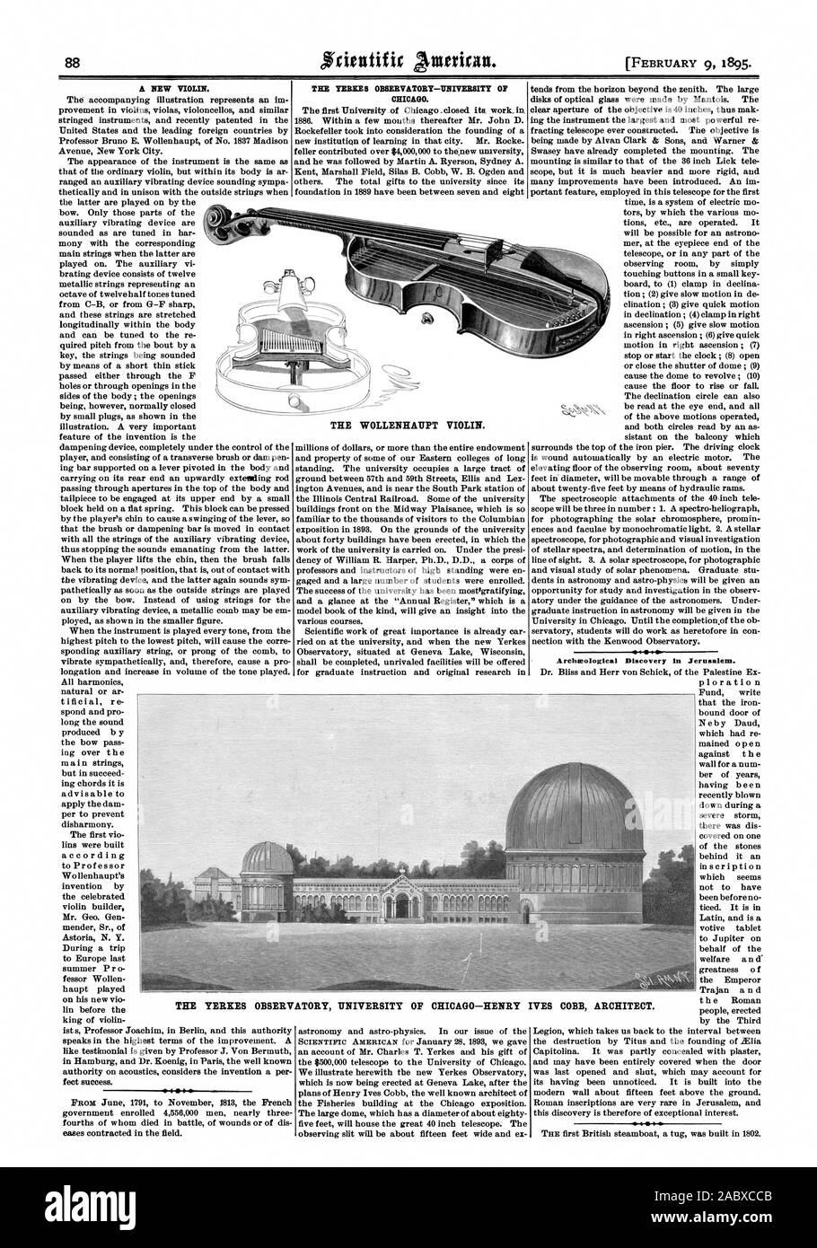 Die TEBXES Observatorium der Universität von Chicago. Die WOLLENHAUPT Violine. Die YERKES Observatorium der Universität von Chicago - HENRY IVES COBB ARCHITEKTEN. SINIPIPS'S PROM Areineological Entdeckung in Jerusalem., Scientific American, 1895-02-09 Stockfoto