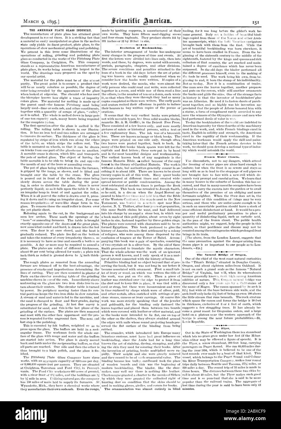 Die amerikanische Platte GLAS INDUSTRIE. Entwicklung der Buchmacher. Gefrorenes Wasser Schränke. Die natürliche Brücke von Oregon. Der Flyer., Scientific American, 1895-03-09 Stockfoto