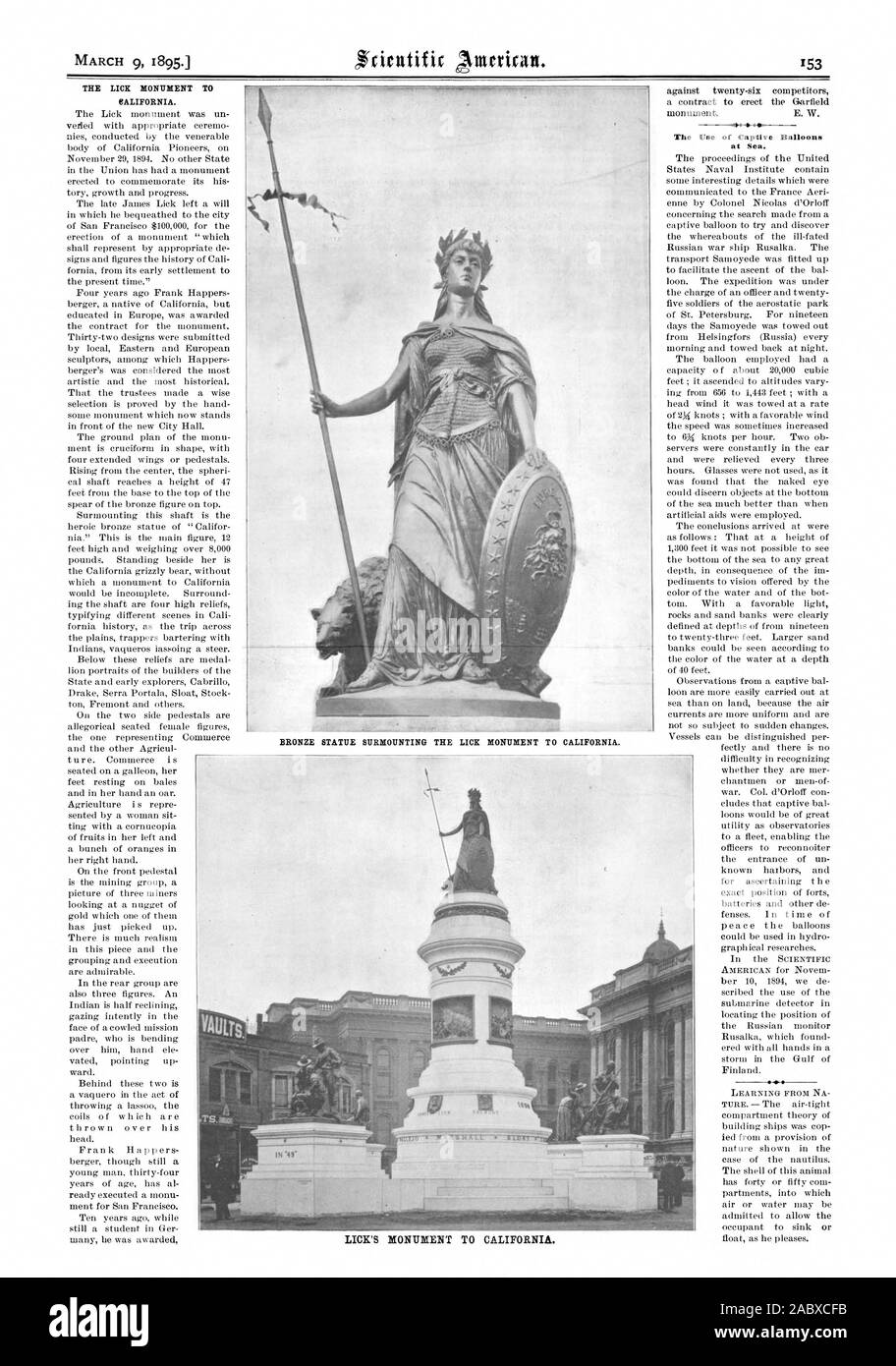 Das Lecken DENKMAL FÜR KALIFORNIEN., Scientific American, 1895-03-09 Stockfoto