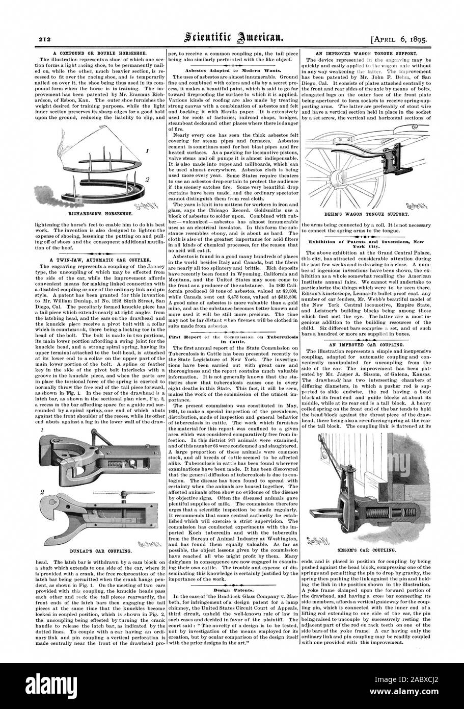 Asbest angepasst an Moderne will. Erster Bericht der Kommission über die Tuberkulose der Rinder. Geschmacksmuster. Eine verbesserte Wagen Zunge unterstützen. DEHM'S WAGEN ZUNGE unterstützen. . Ausstellung von Patenten und Erfindungen, New York City. Eine verbesserte AUTO KUPPLUNG. SISSON'S AUTO KUPPLUNG., Scientific American, 1895-04-06 Stockfoto