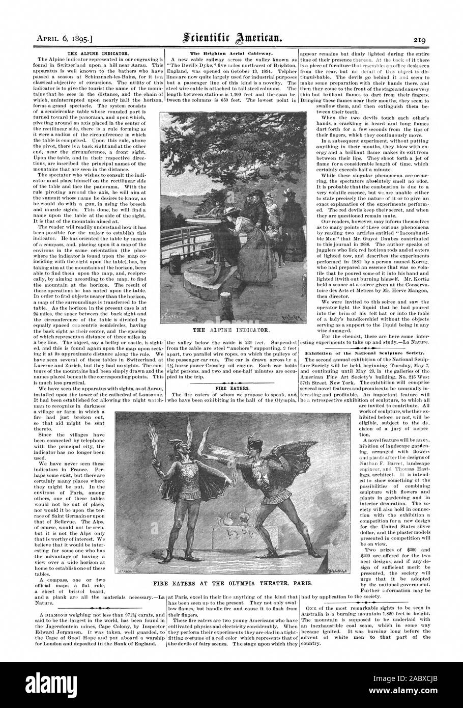 Die alpinen Indikator. Die Brighton Luftseilbahn. Feuerschlucker. Ausstellung der nationalen Skulptur Gesellschaft. Die alpinen INDIKATOR FEUERSCHLUCKER AN DER OLYMPIA THEATRE PARIS, Scientific American, 1895-04-06 Stockfoto