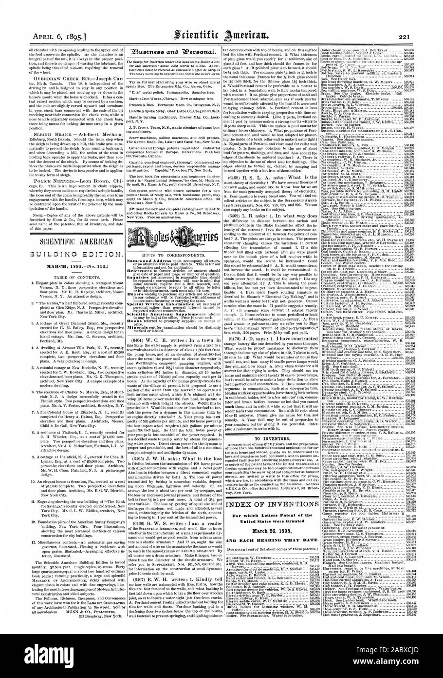 SCIENTIFIC AMERICAN GEBÄUDE EDITION. "Ziuziness aria? Persönlich. Scientific American Ergänzungen gemäß den Erfinder. INDEX DER ERFINDUNGEN, für die Buchstaben Patent in den Vereinigten Staaten gewährt wurden am 26. März 1895 und jedes Lager, dass Datum., 1895-04-06 Stockfoto