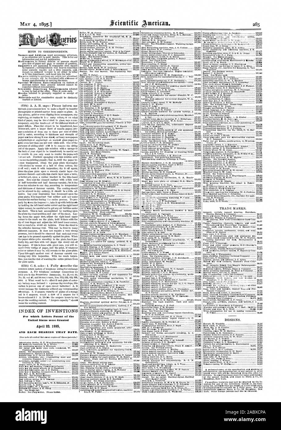 Für die Patentschriften der Vereinigten Staaten wurden am 23. April 1895 UND JEDES LAGER TuAT Datum gewährt. 4. Mai 1895.1, Scientific American, 1895-05-04 Stockfoto